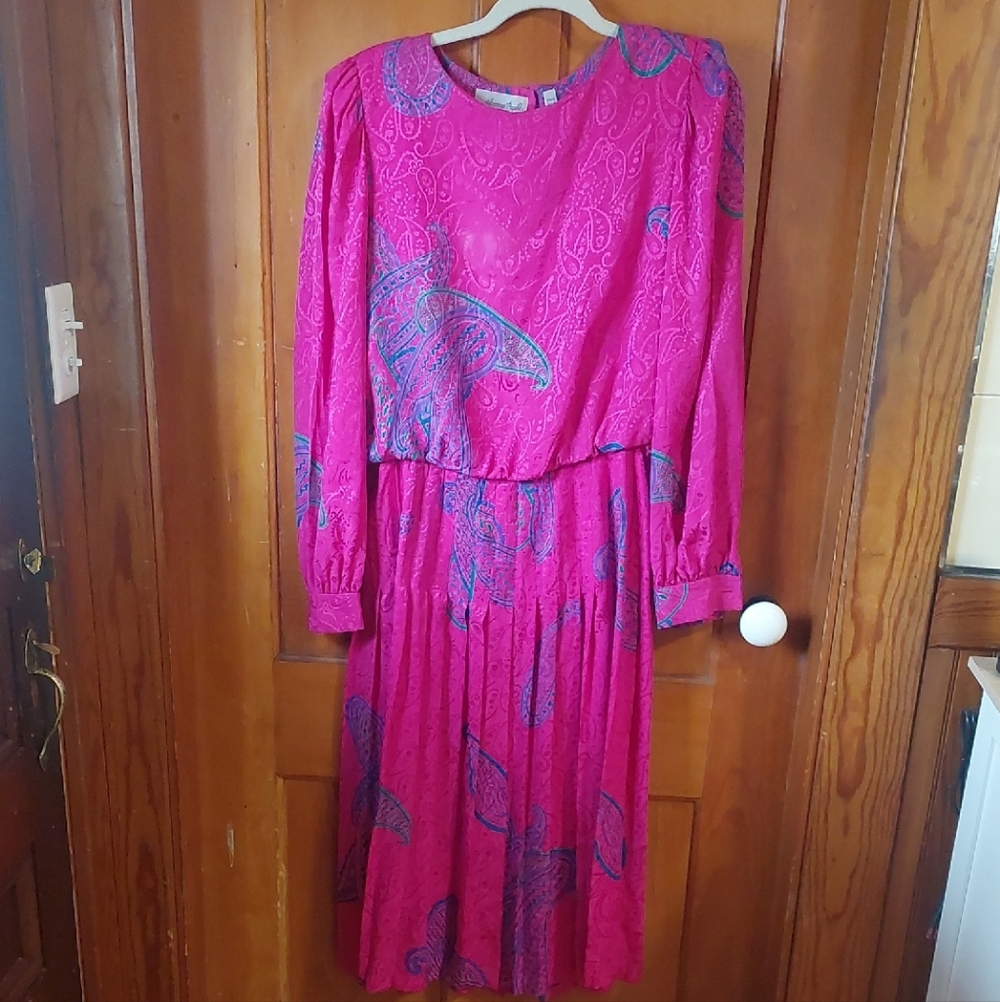 Adrianna Papell Fuchsia Paisley Long Sleeve Midi Dress
